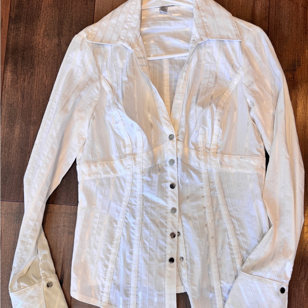 Cache White Shiny Striped Button-Down Shirt